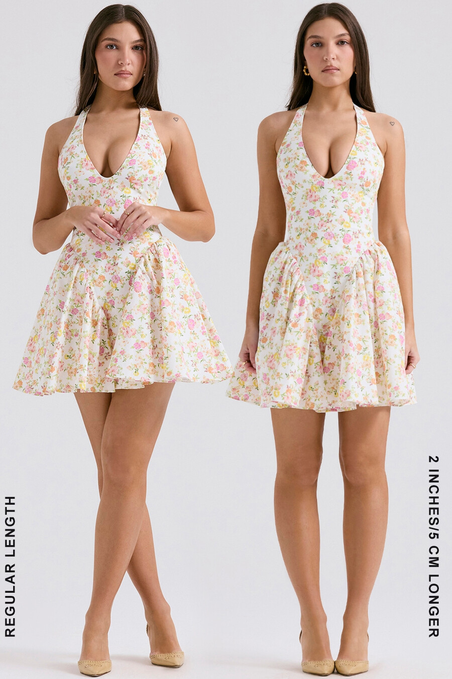 minikleid aus baumwolle mit elfenbeinfarbenem wiesenmuster und neckholder