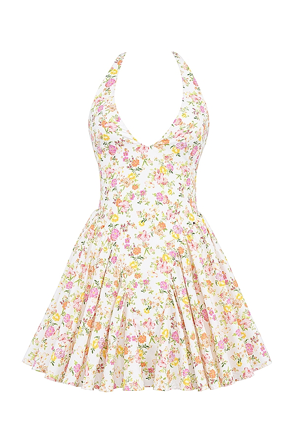 minikleid aus baumwolle mit elfenbeinfarbenem wiesenmuster und neckholder