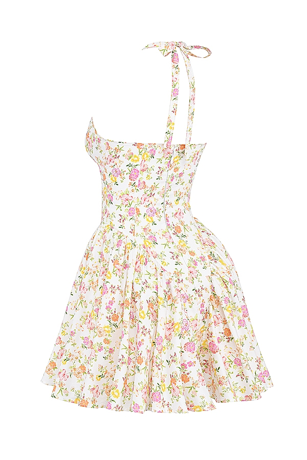 minikleid aus baumwolle mit elfenbeinfarbenem wiesenmuster und neckholder