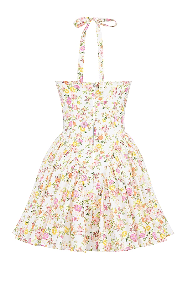 minikleid aus baumwolle mit elfenbeinfarbenem wiesenmuster und neckholder