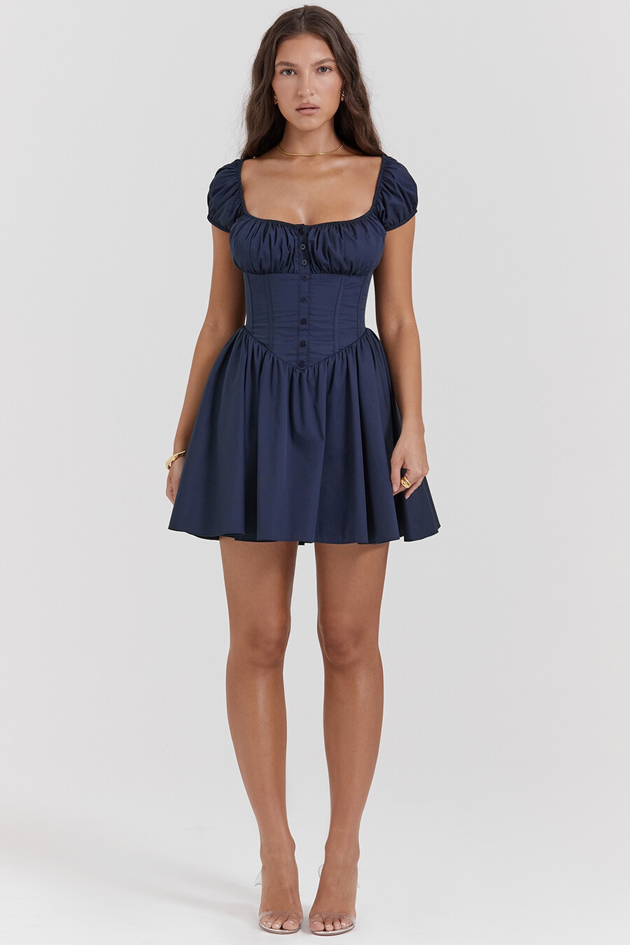 französisches marineblaues minikleid mit raffungen