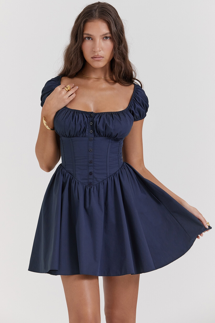 französisches marineblaues minikleid mit raffungen