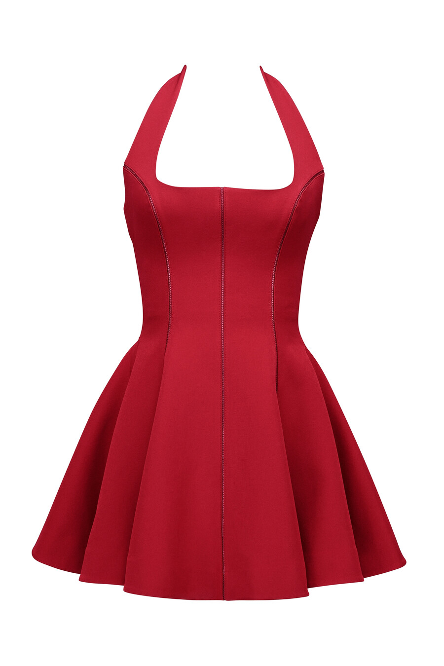 rotes neckholder-minikleid mit schleife