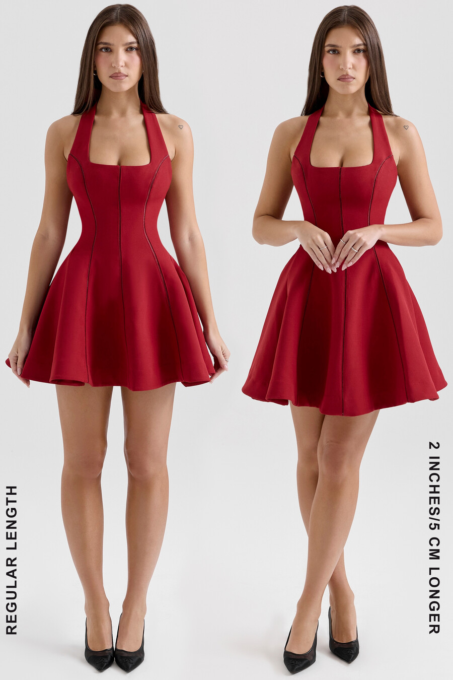 rotes neckholder-minikleid mit schleife