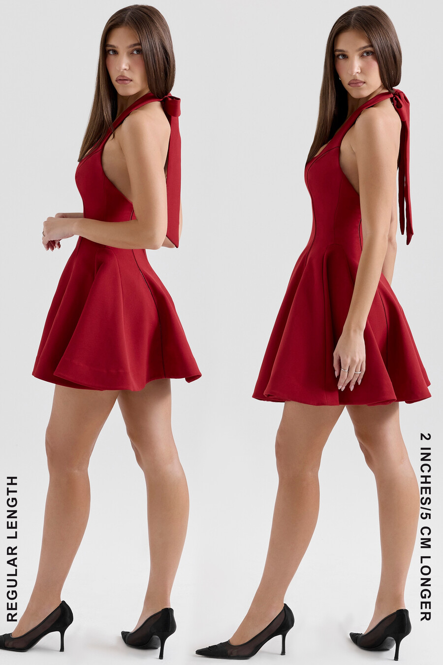 rotes neckholder-minikleid mit schleife
