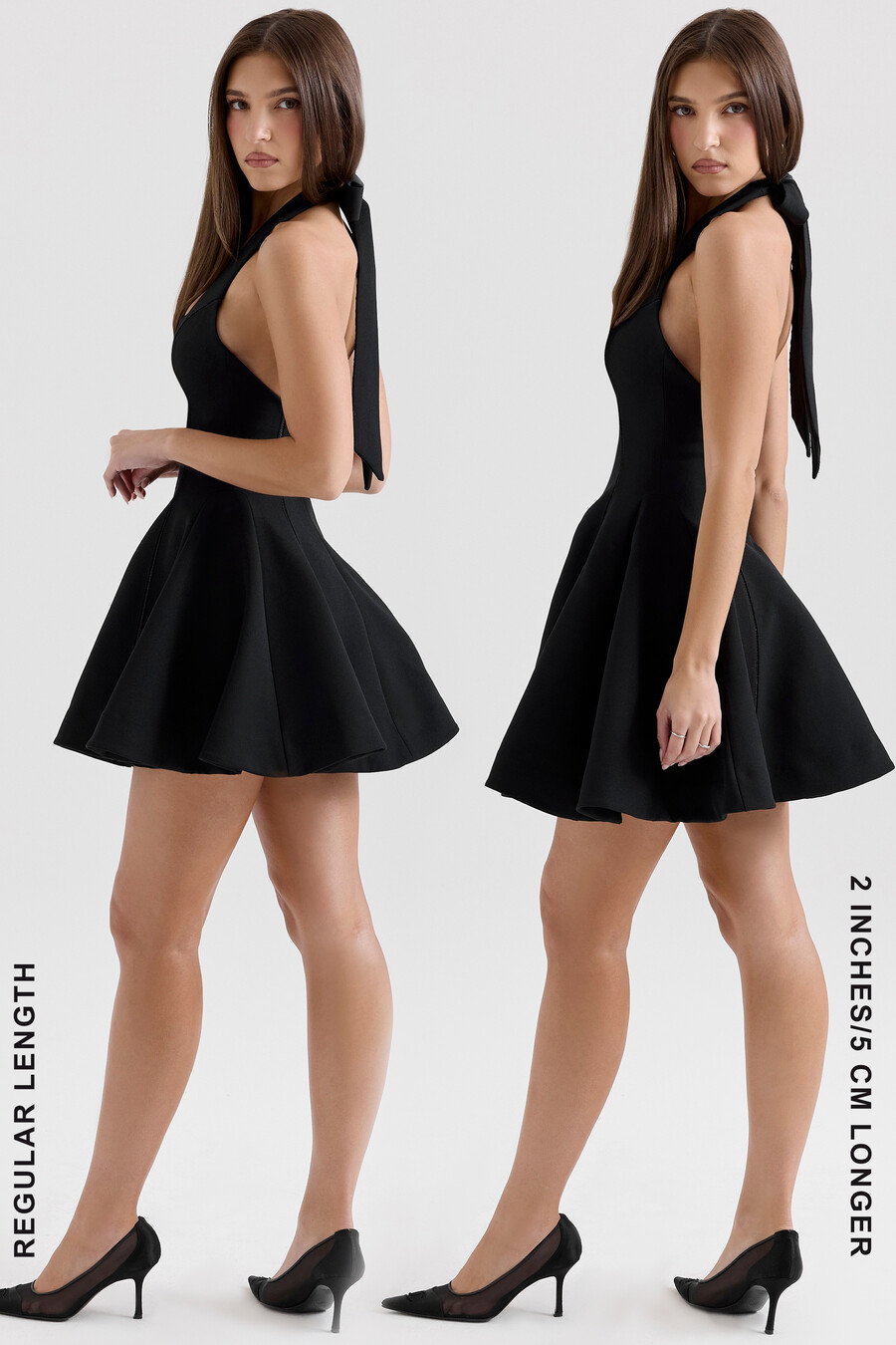 schwarzes neckholder-minikleid mit schleife