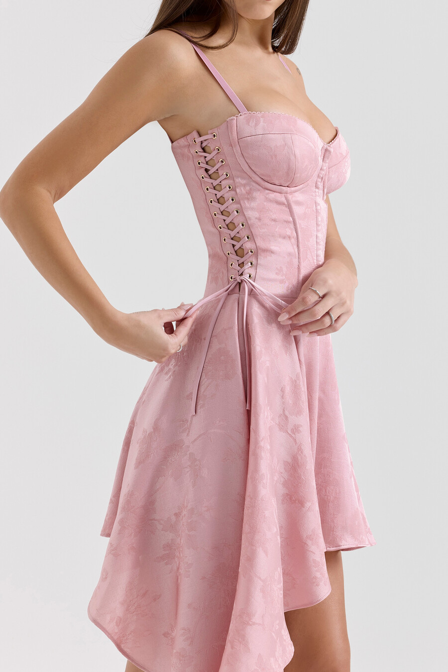 rosa jacquard-minikleid mit drapierung