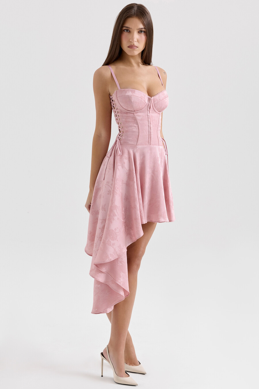 rosa jacquard-minikleid mit drapierung