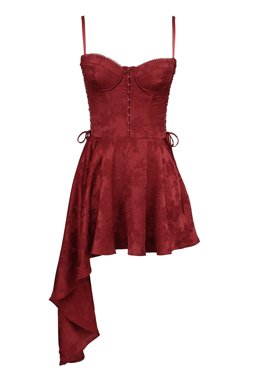 minikleid aus weinrotem jacquard-satin mit drapierung