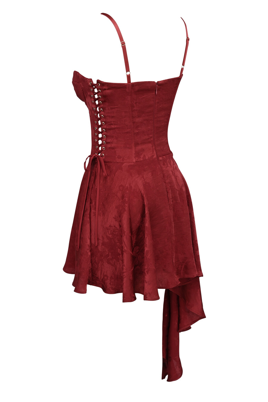 minikleid aus weinrotem jacquard-satin mit drapierung