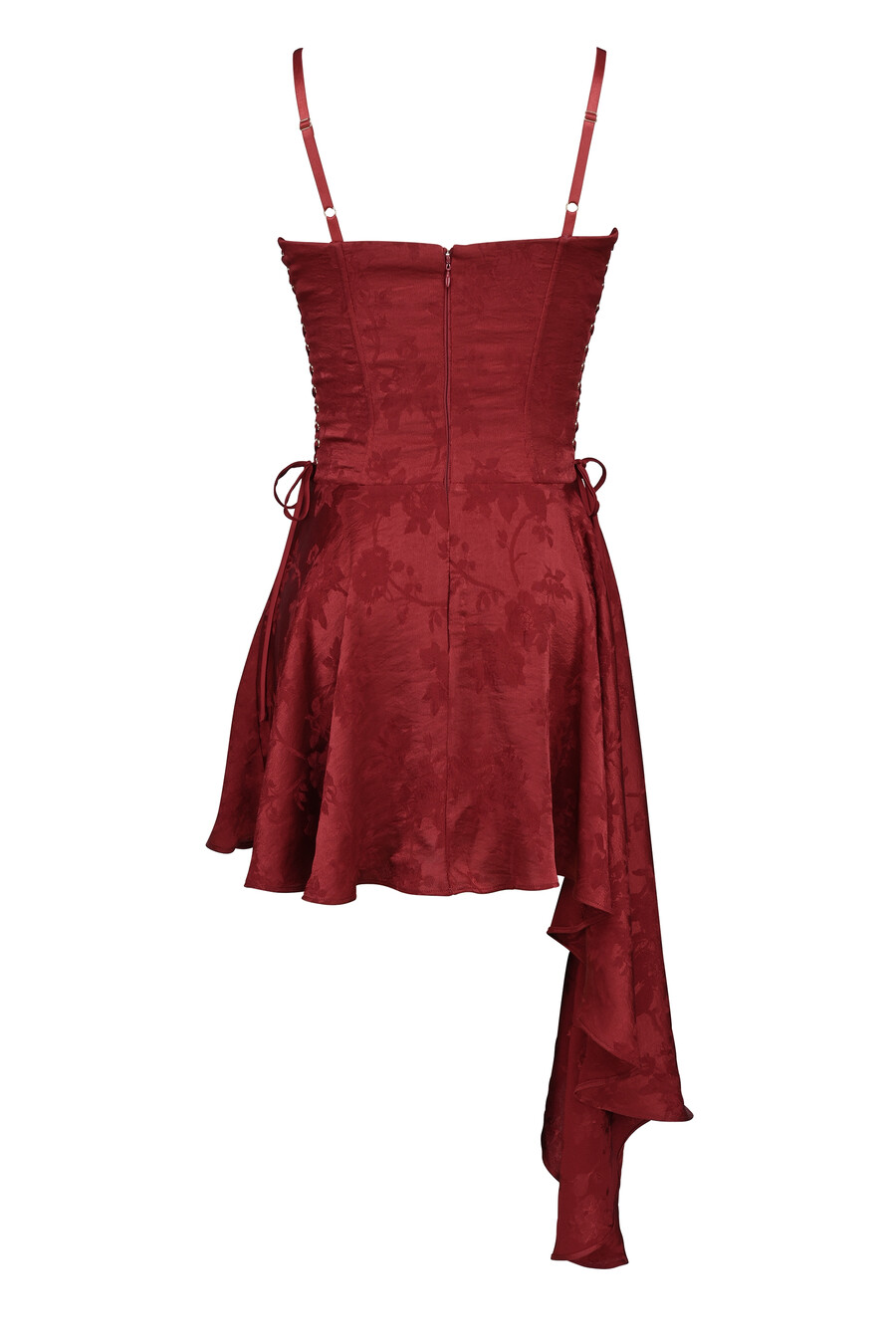 minikleid aus weinrotem jacquard-satin mit drapierung