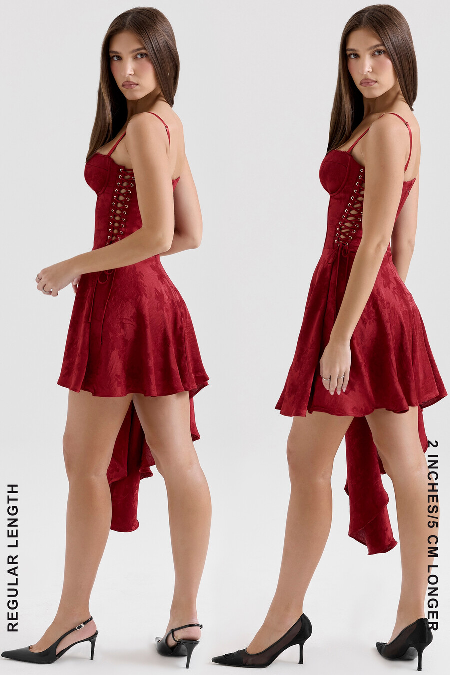 minikleid aus weinrotem jacquard-satin mit drapierung