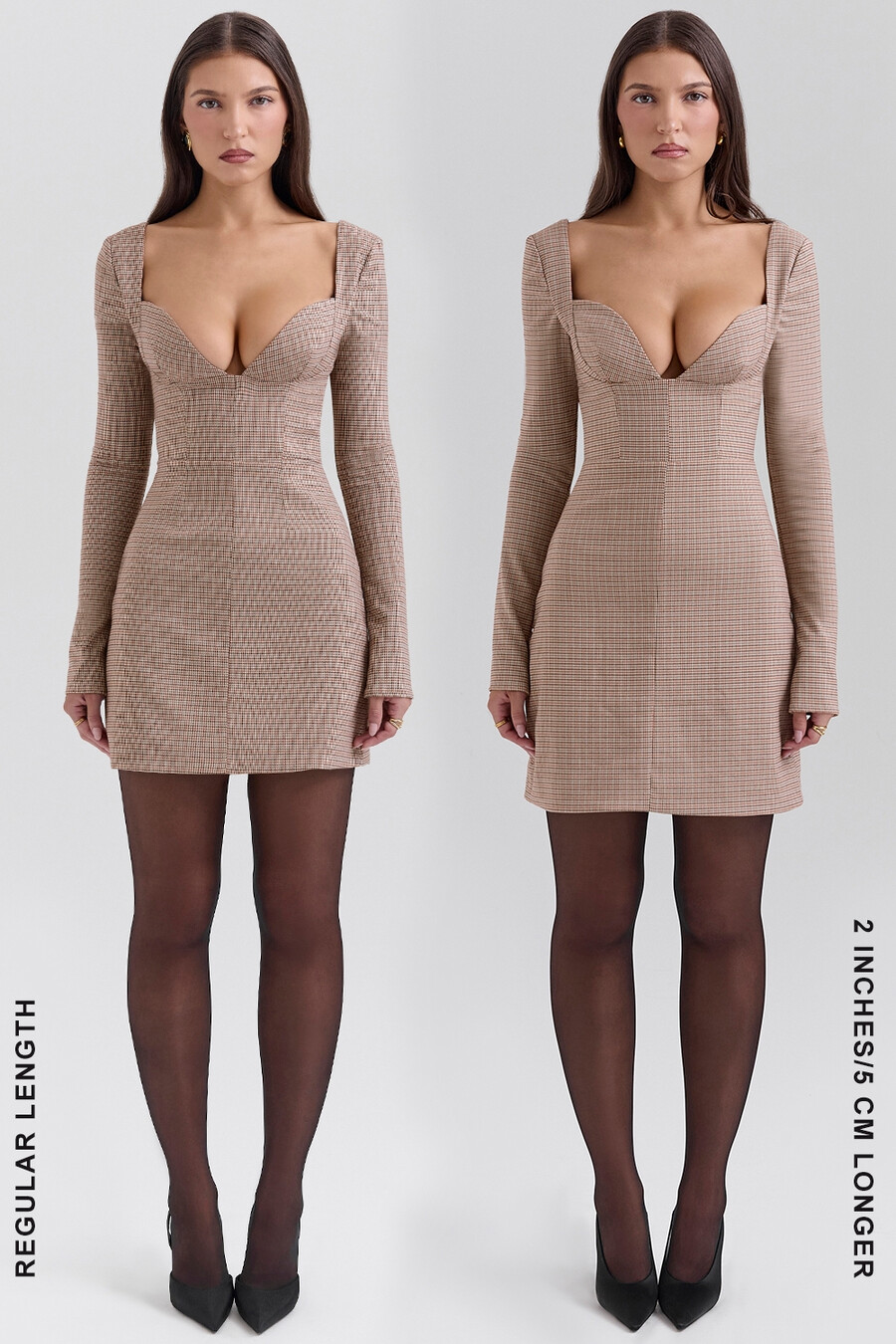 braunes minikleid mit hahnentrittmuster und tiefem ausschnitt