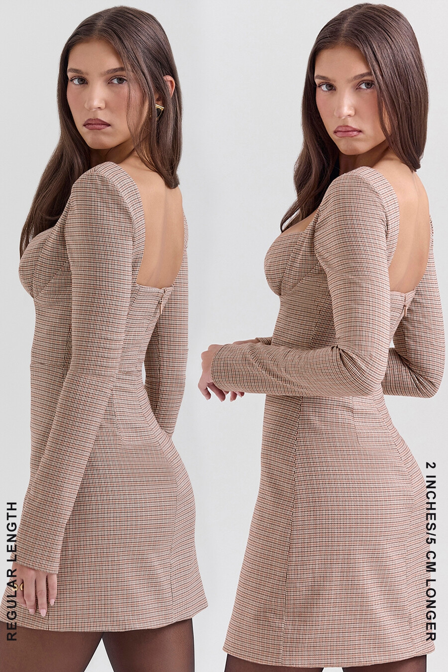 braunes minikleid mit hahnentrittmuster und tiefem ausschnitt