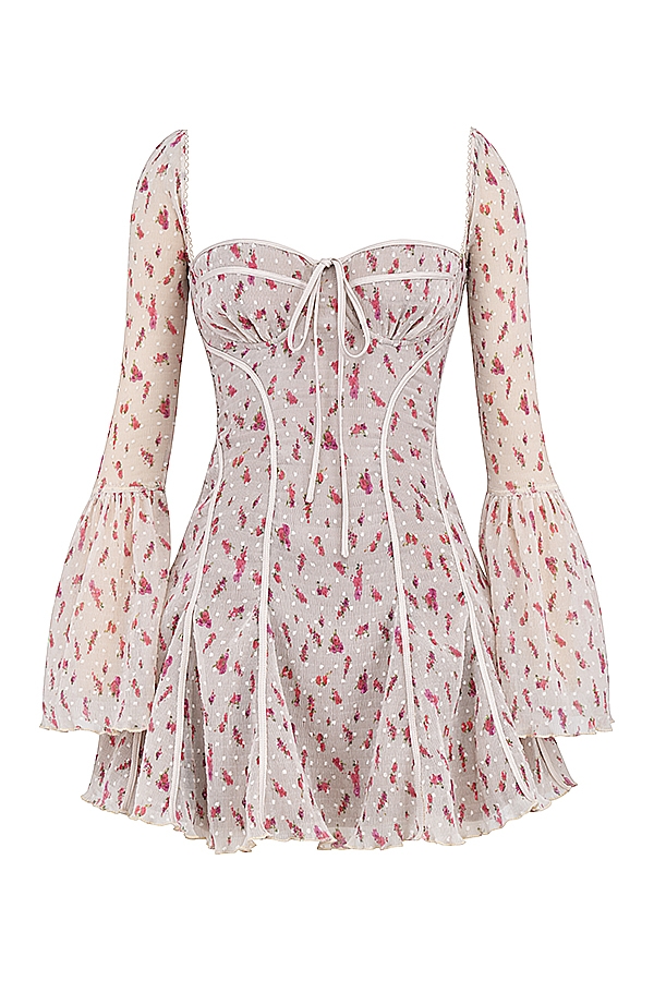 vintage minikleid mit korsett und rosenmuster in creme