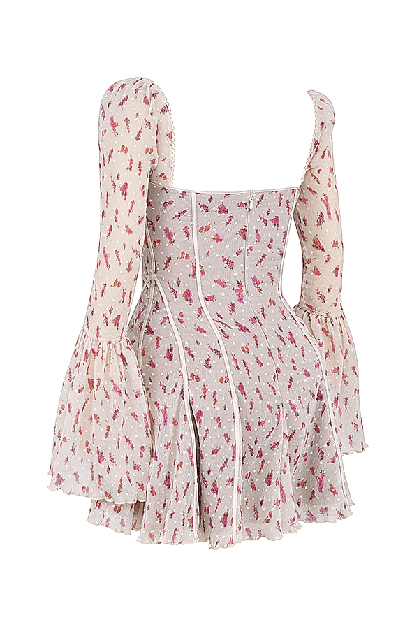 vintage minikleid mit korsett und rosenmuster in creme
