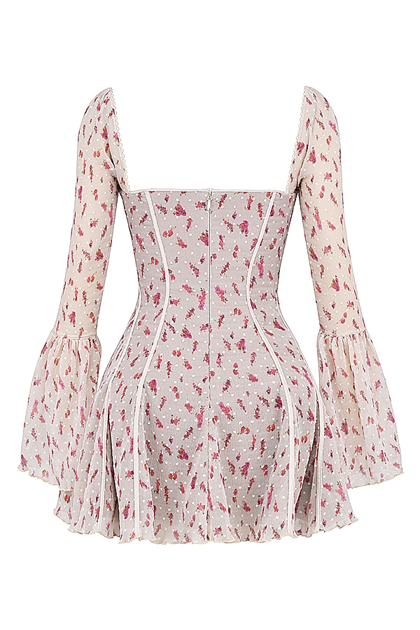 vintage minikleid mit korsett und rosenmuster in creme