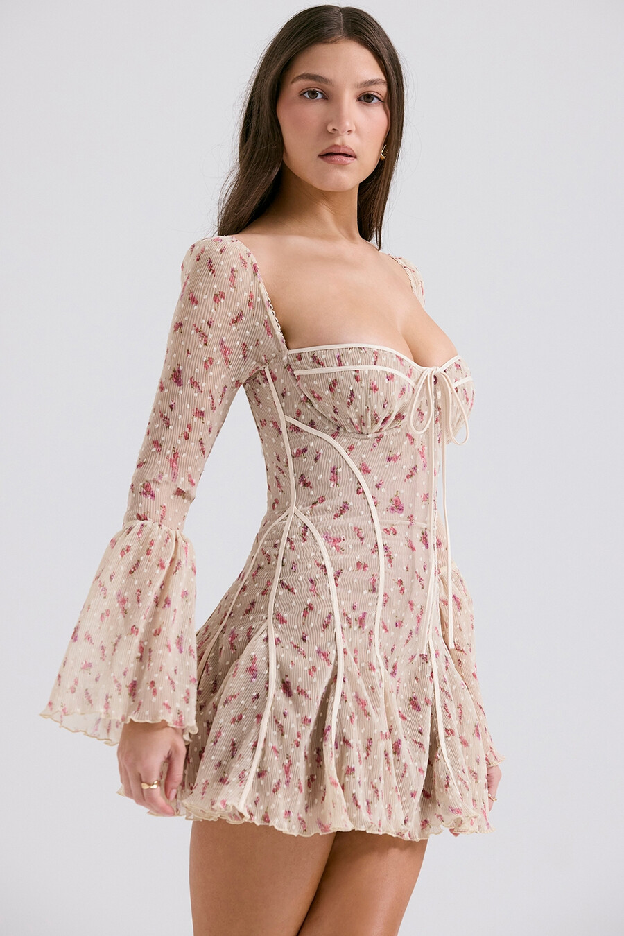 vintage minikleid mit korsett und rosenmuster in creme