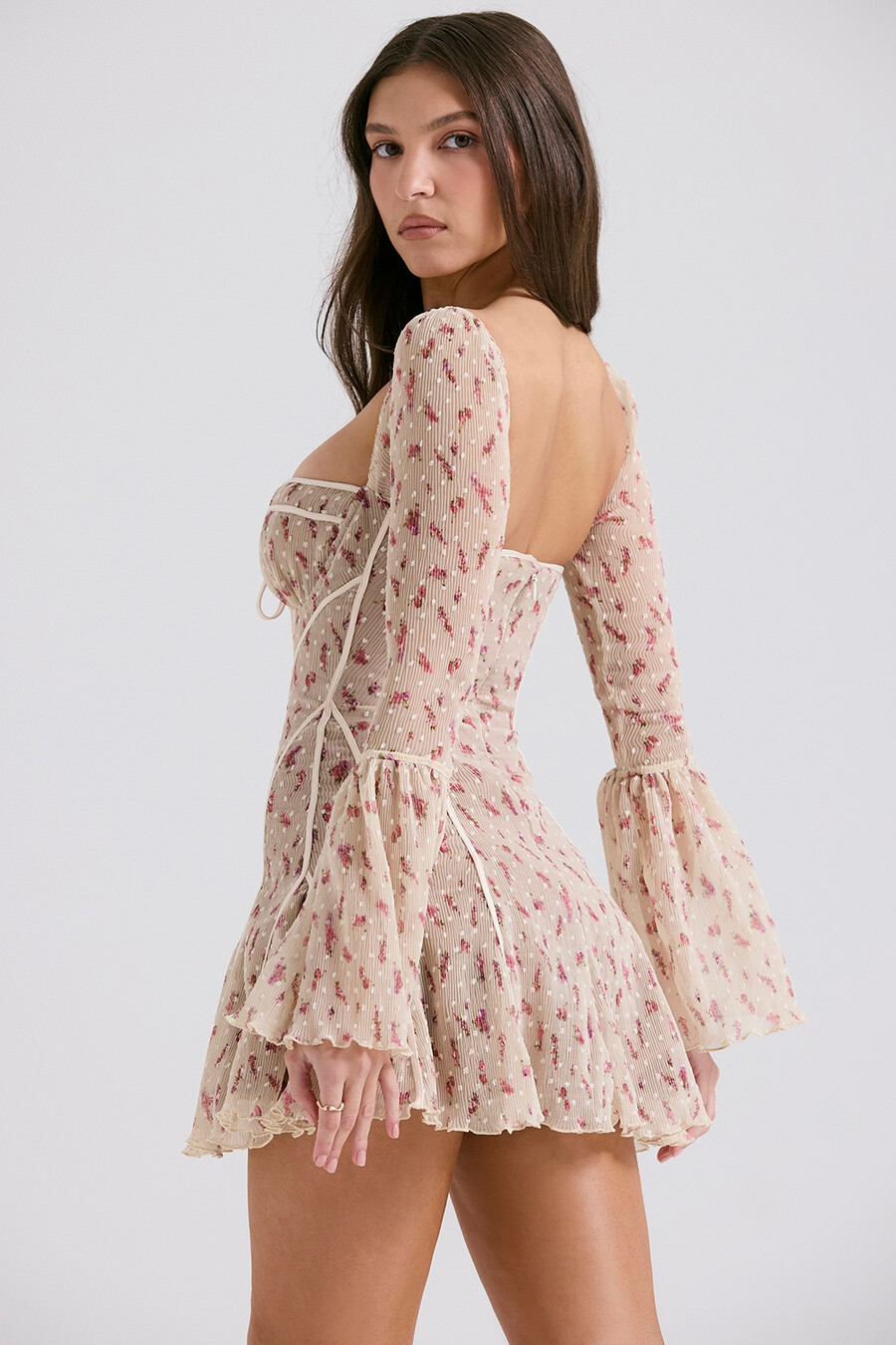 vintage minikleid mit korsett und rosenmuster in creme