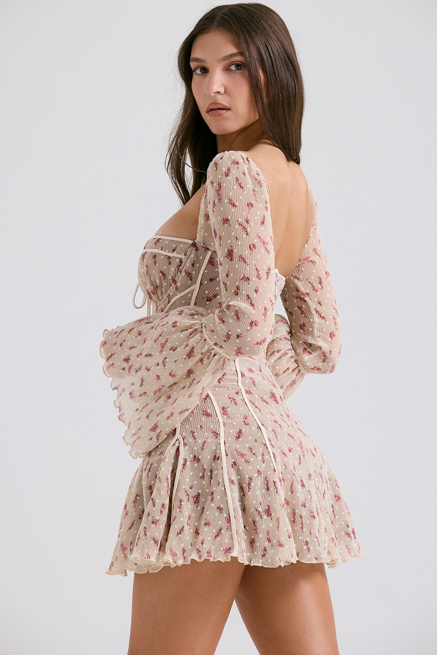 vintage minikleid mit korsett und rosenmuster in creme