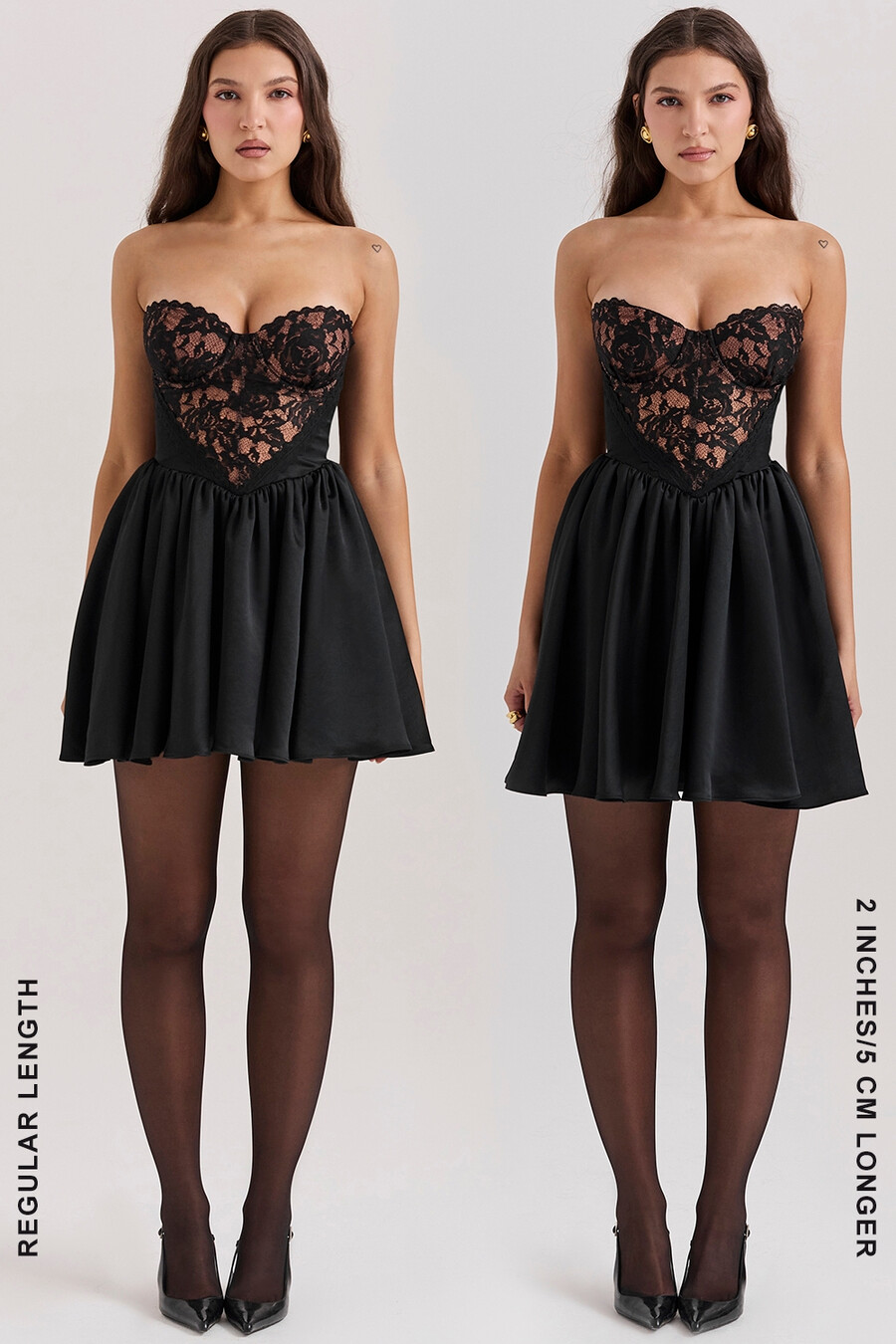 schwarzes trägerloses minikleid aus spitze und satin