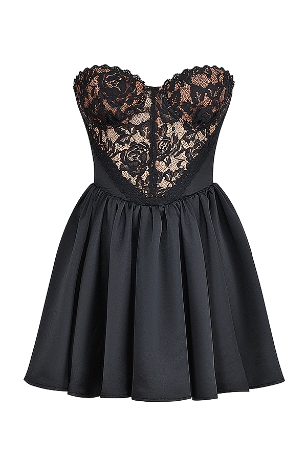 schwarzes trägerloses minikleid aus spitze und satin