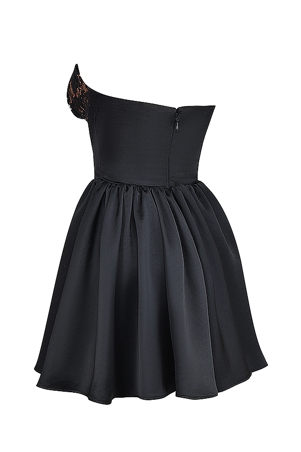 schwarzes trägerloses minikleid aus spitze und satin