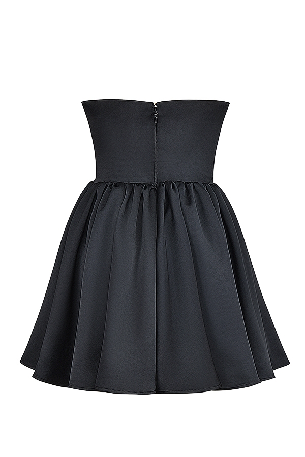 schwarzes trägerloses minikleid aus spitze und satin