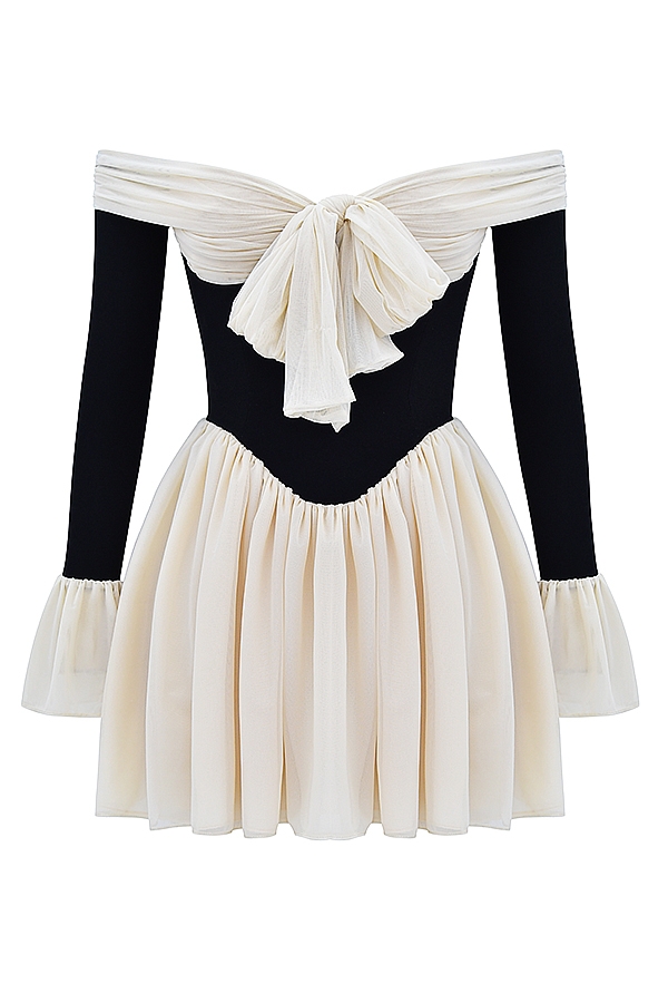 schwarzes und cremefarbenes schulterfreies kleid