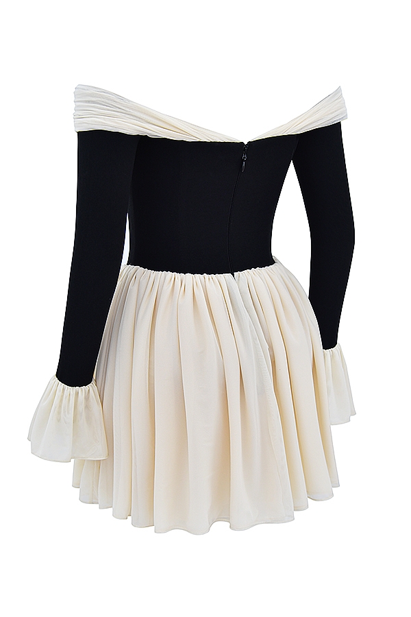 schwarzes und cremefarbenes schulterfreies kleid