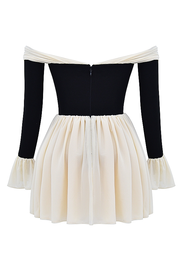 schwarzes und cremefarbenes schulterfreies kleid
