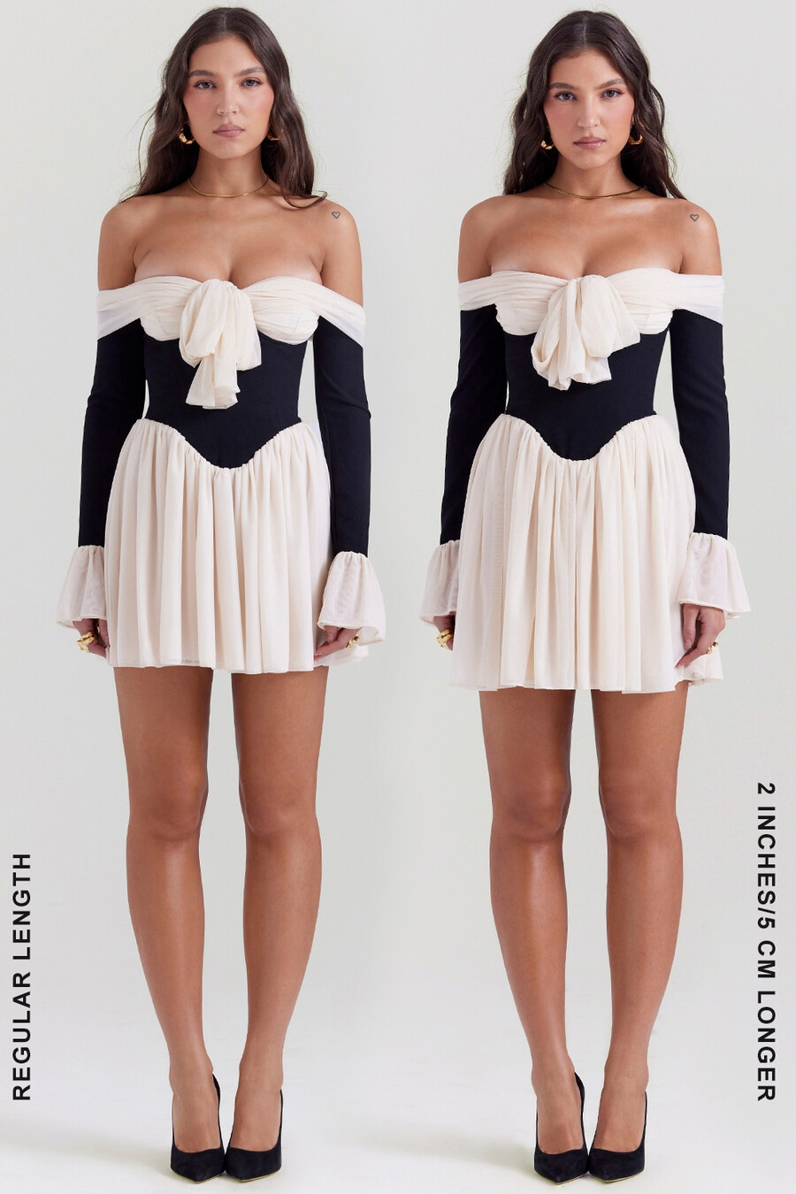 schwarzes und cremefarbenes schulterfreies kleid