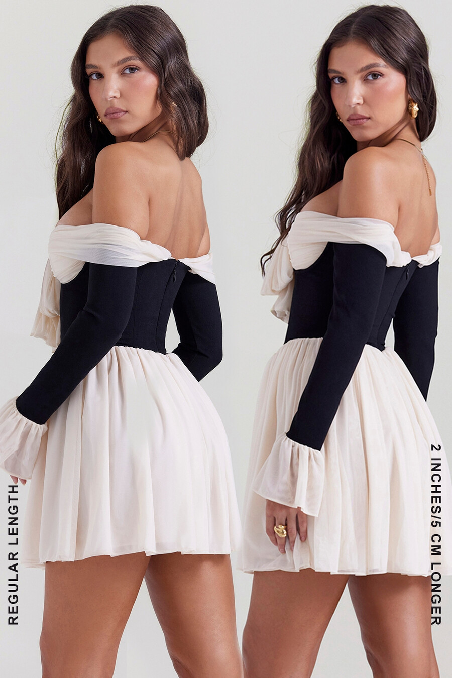 schwarzes und cremefarbenes schulterfreies kleid
