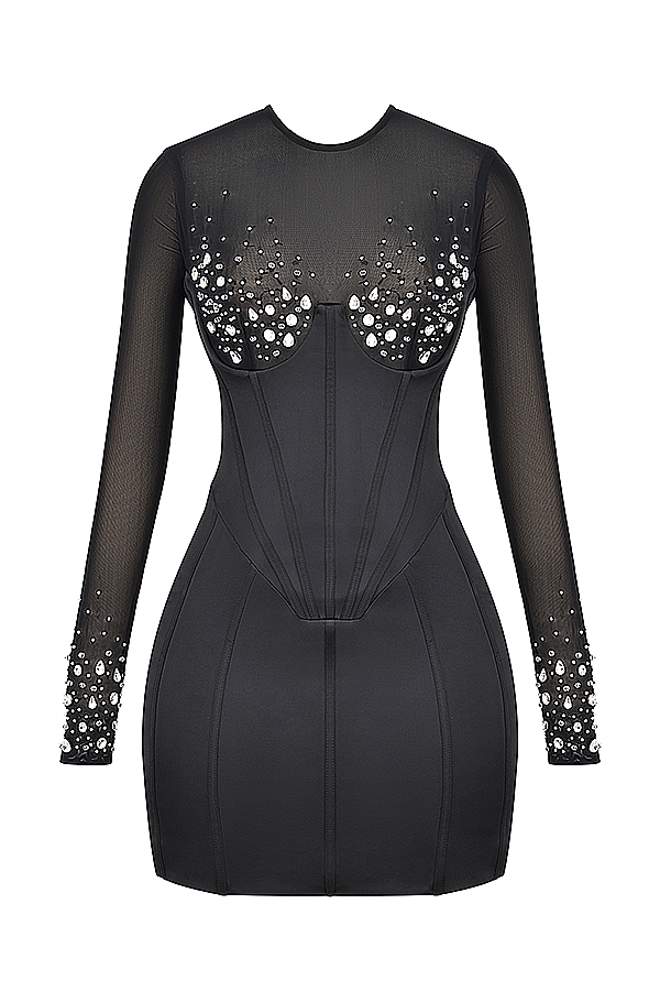 schwarzes kristallbesetztes korsettkleid