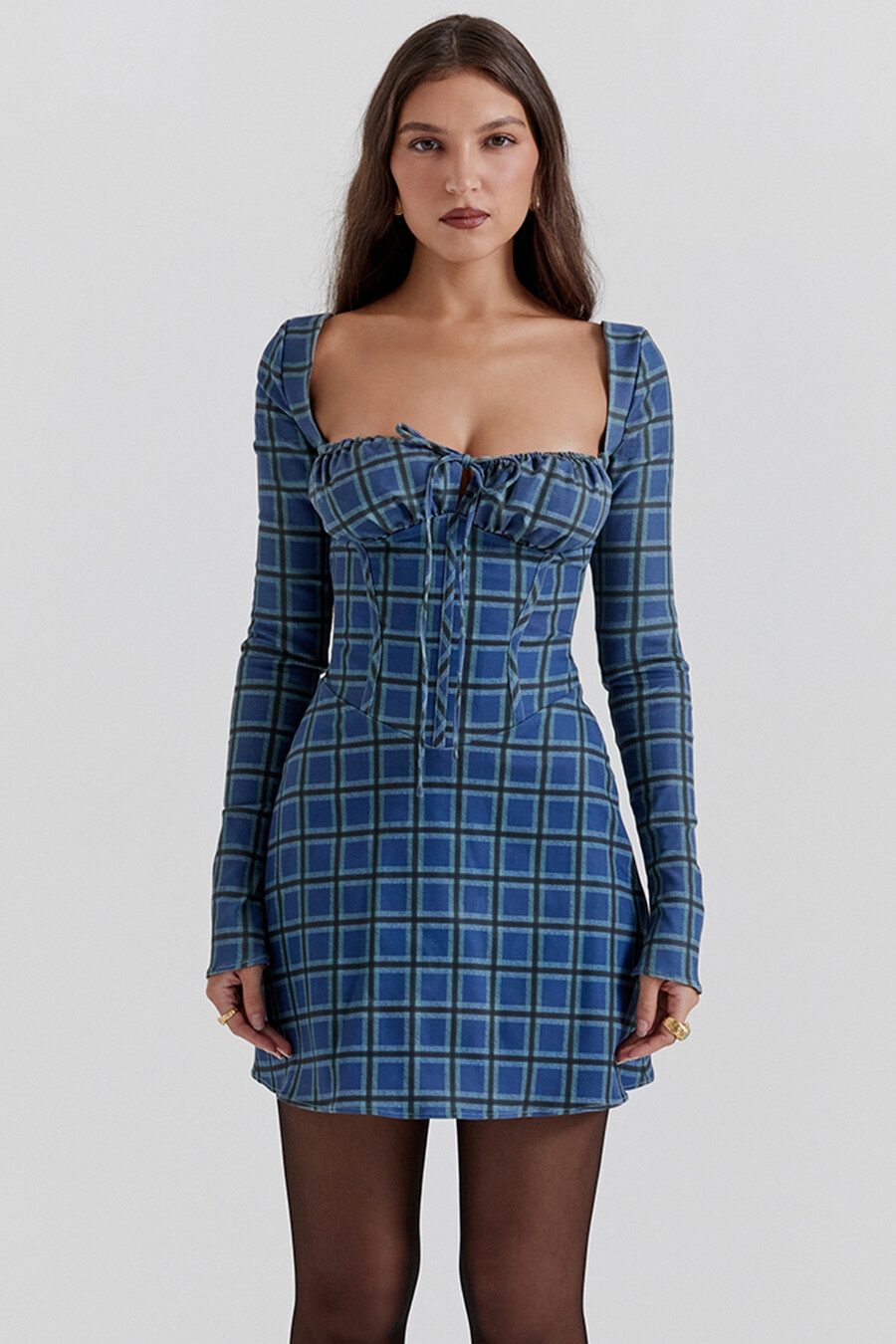 blaues tartan-korsett-minikleid