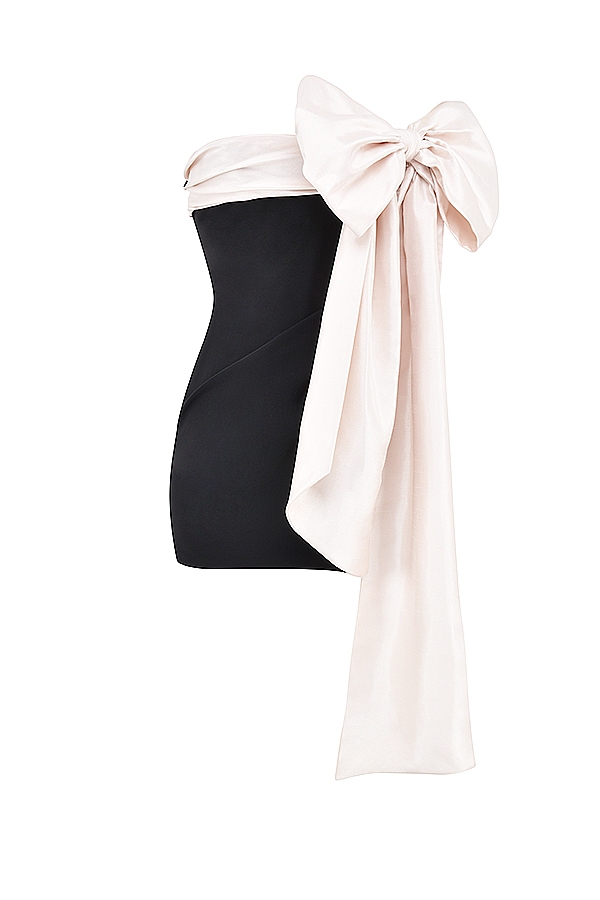 schwarzes und elfenbeinfarbenes minikleid mit schleife