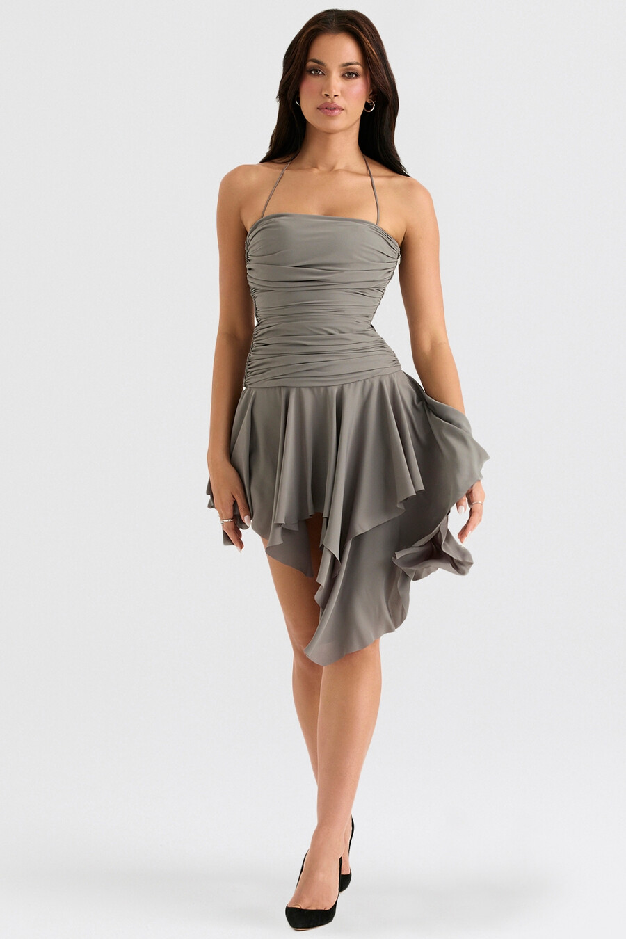 rauchfarbenes gerafftes asymmetrisches kleid