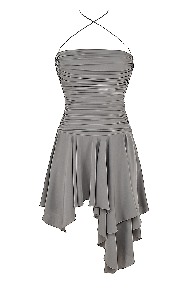 rauchfarbenes gerafftes asymmetrisches kleid