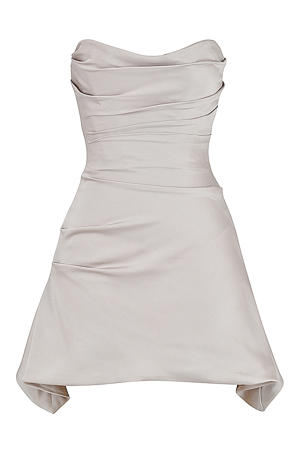 austernfarbenes drapiertes trägerloses korsettkleid