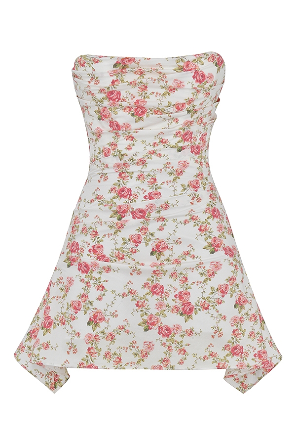 kleid mit rosenmuster und drapiertem korsett