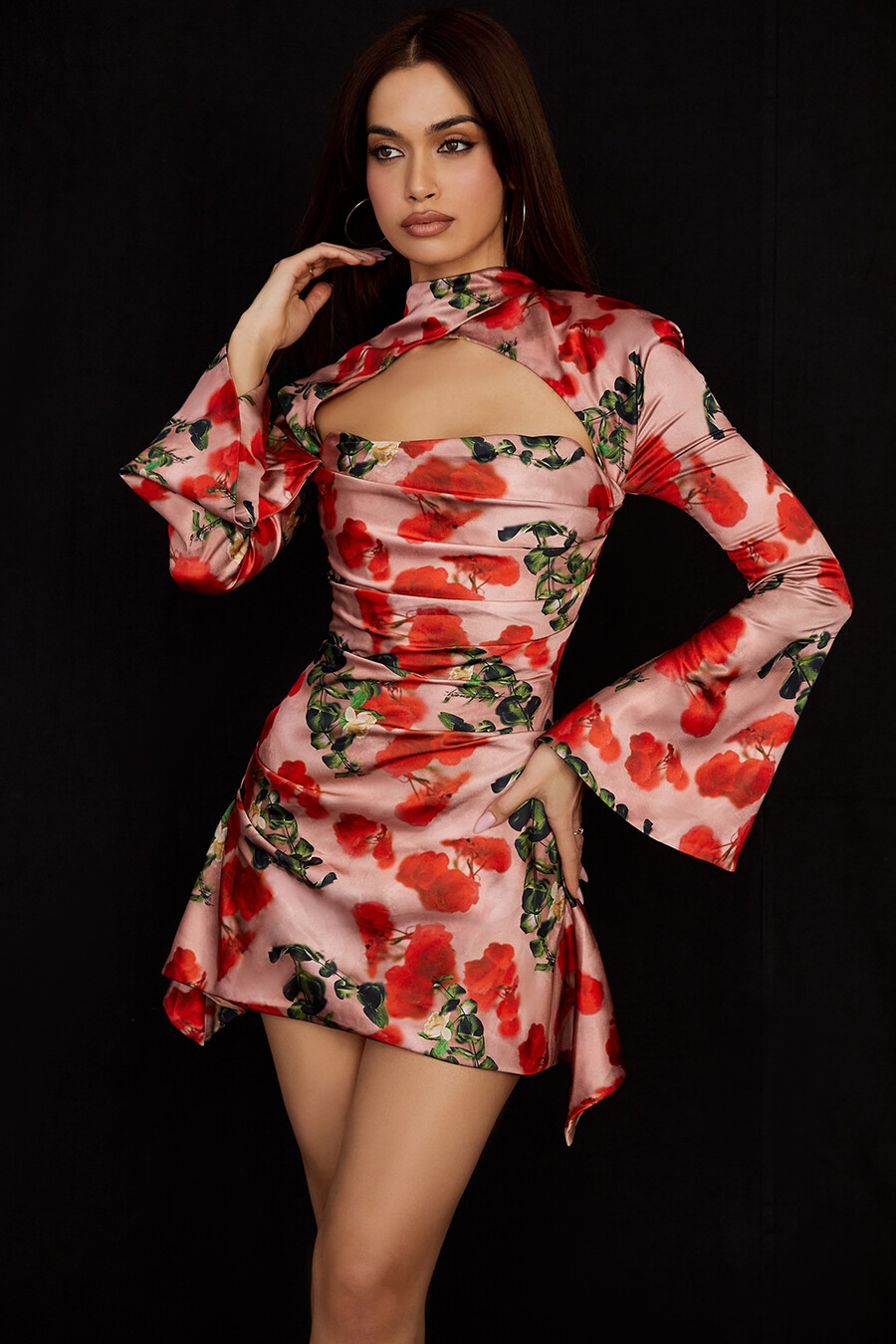 kleid mit rosenmuster und drapiertem korsett