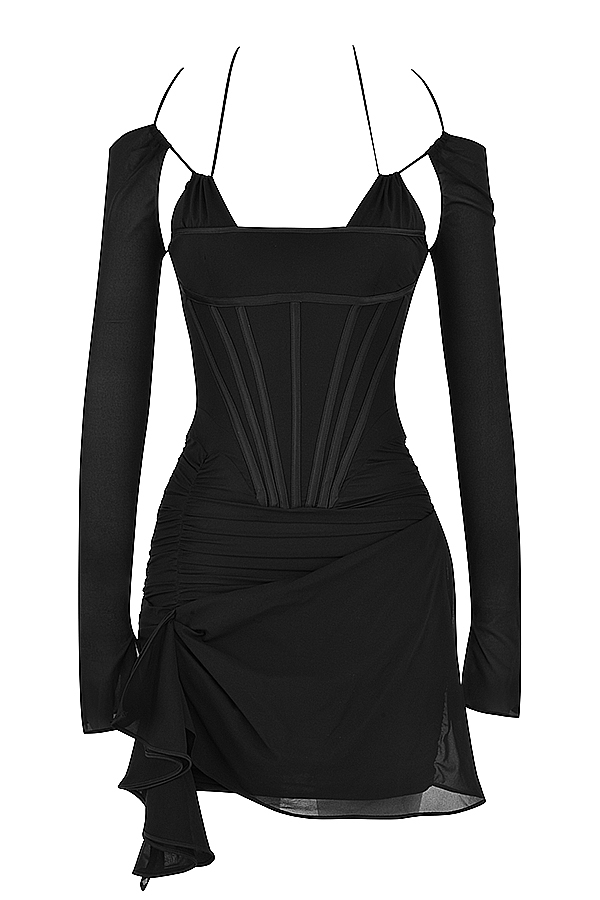schwarzes minikleid aus echter seide mit korsettmuster