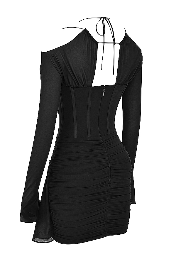 schwarzes minikleid aus echter seide mit korsettmuster