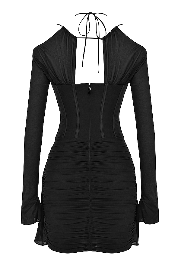 schwarzes minikleid aus echter seide mit korsettmuster