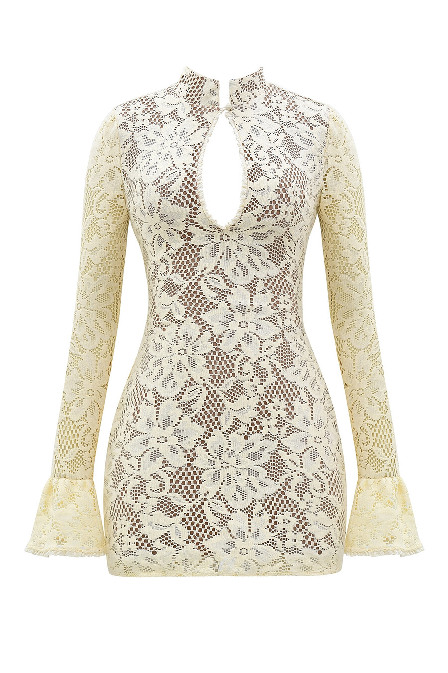 buttermilchfarbenes minikleid mit schlüssellochausschnitt und spitze