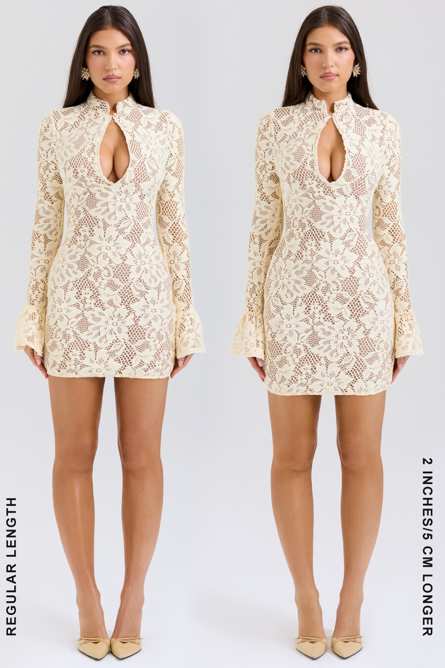buttermilchfarbenes minikleid mit schlüssellochausschnitt und spitze