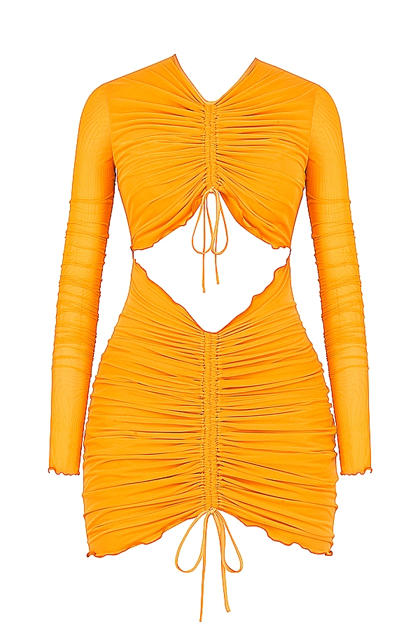 orangefarbenes minikleid mit raffungen langen Ärmeln und cut-outs