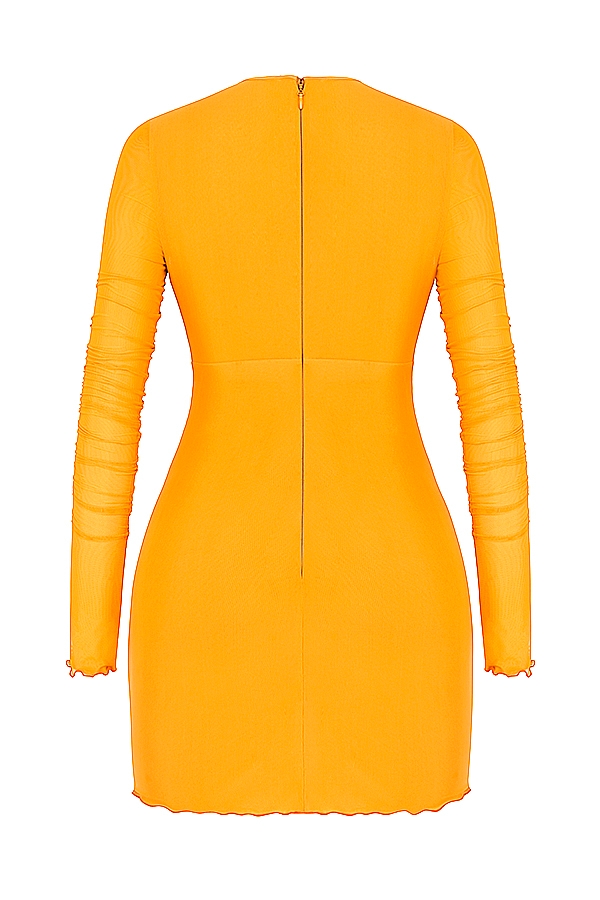orangefarbenes minikleid mit raffungen langen Ärmeln und cut-outs