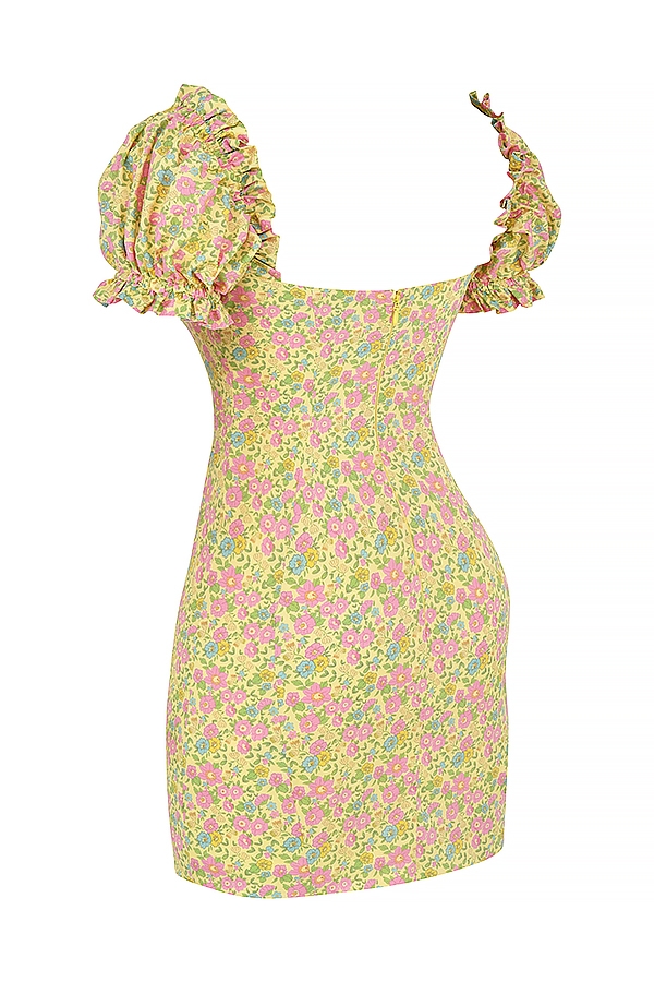 vintage minikleid mit blumenmuster und puffärmeln