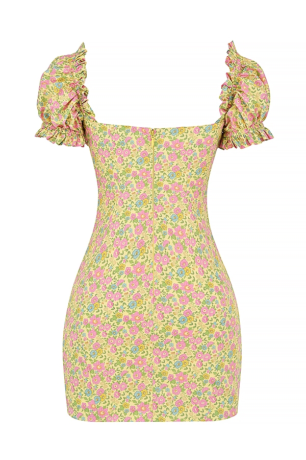 vintage minikleid mit blumenmuster und puffärmeln